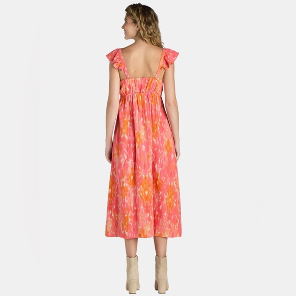 Time And Tru Ruffle Flutter Sleeve V-Neck Midi Dress Pink Orange Medium NWT - Picture 2 of 3